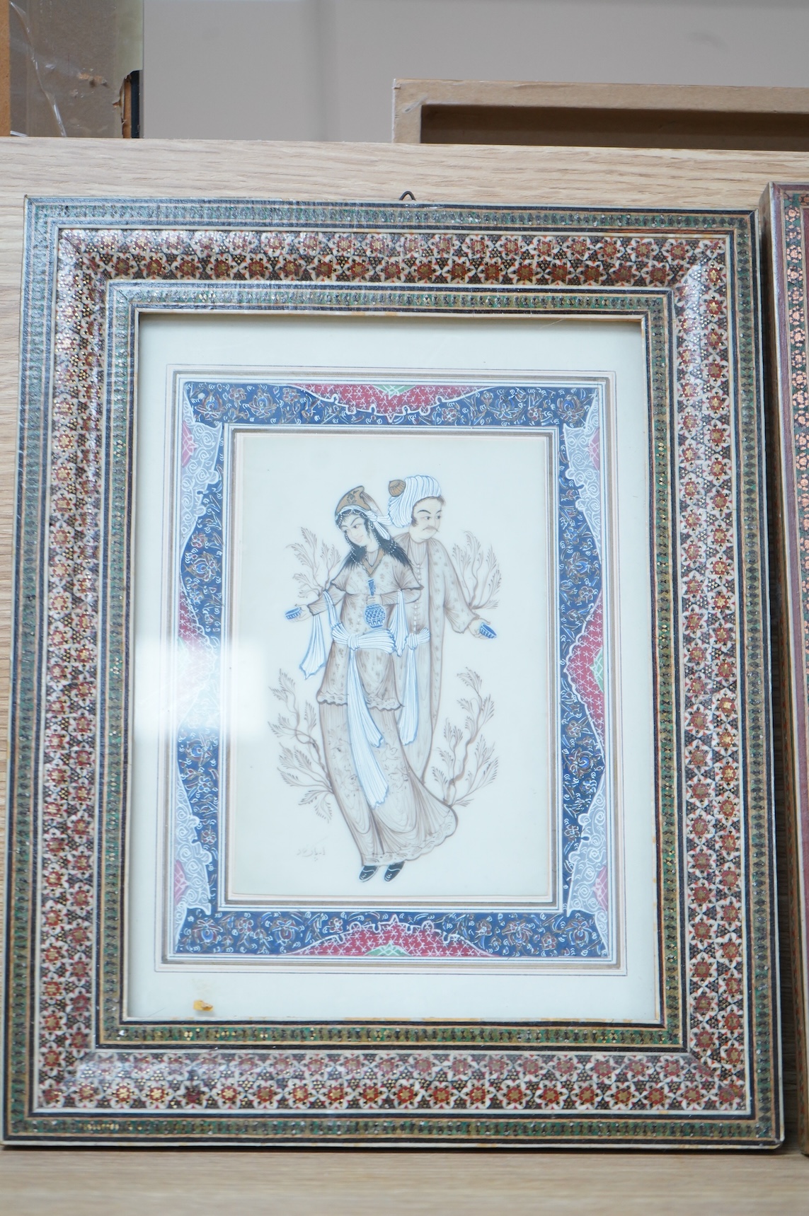 Four Indian school watercolours, Figures on horseback, housed in vizagapatam frames, largest 23 x 17cm